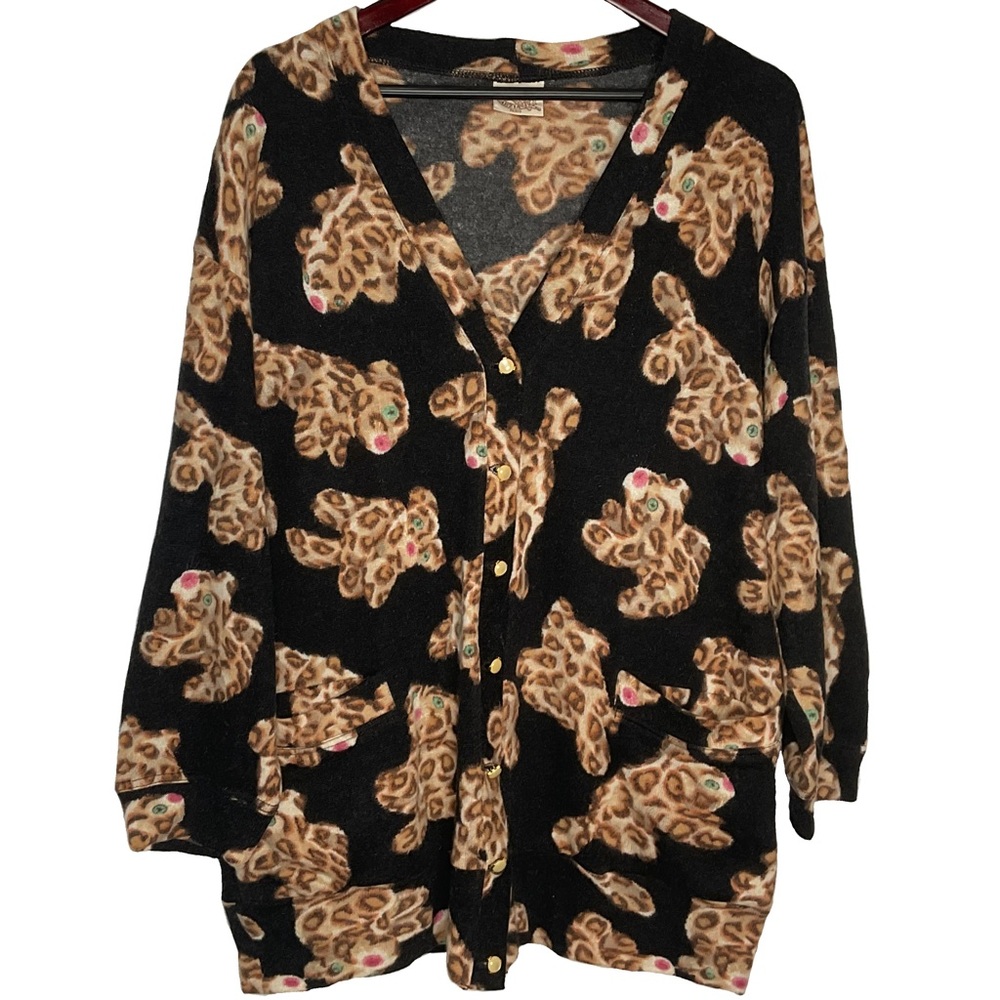 Yvan & Marzia Long Sleeve Leopard V-Neck Cardigan Front Pockets Black Tan No Sz